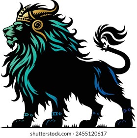 Embrace Norse mythology with this bold Viking lion silhouette vector. Blending a fierce lion with Viking motifs, this artwork epitomizes strength and regality in a minimalistic design.