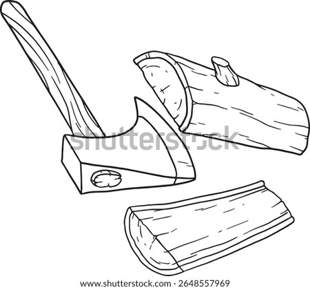 Embrace the outdoors with this rustic line art illustration of an axe and split logs. Perfect for themes of camping, wilderness, survival, lumberjacking, or preparing firewood. Ideal for outdoor guide