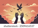 Embrace peace and freedom, symbolized by the release of doves into the serene sunset sky, International Peace Day,content was created using vector drawing tools and software, not generated by AI