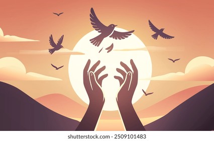 Embrace peace and freedom, symbolized by the release of doves into the serene sunset sky, International Peace Day,content was created using vector drawing tools and software, not generated by AI