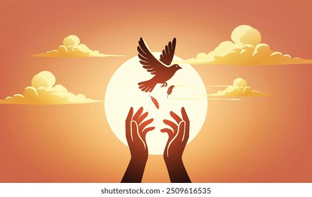 Embrace peace and freedom, symbolized by the release of doves into the serene sunset sky, International Peace Day,content was created using vector drawing tools and software, not generated by AI