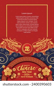 Embrace prosperity in 2024! Elevate designs with Year of the Dragon's red and gold charm, Symbolizing Prosperity and Cultural Richness. Luxurious vector for festive greeting cards and podium displays