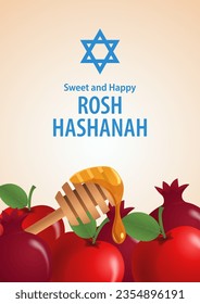 Embrace Rosh Hashanah's spirit with this background template. Honey dipper, pomegranates, and apples, making it perfect for creating festive designs rich in cultural significance