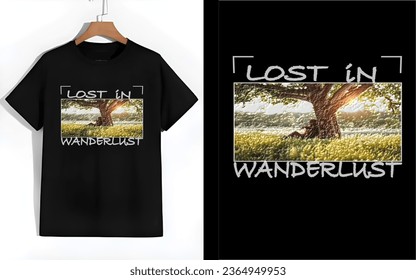 Embrace the spirit of adventure with our 'Lost in Wanderlust' T-shirt. This captivating design features a lone figure, peacefully seated beneath a sprawling tree, surrounded by the boundless beauty.