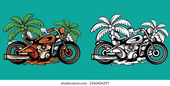 Embrace the spirit of adventure with this vibrant vector design featuring a biker rider at the beach. Perfect for motorcycle enthusiasts and summer-themed decor!