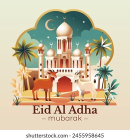 "Abraza el espíritu de Eid al-Adha con nuestra encantadora ilustración con una mezquita y una cabra pacífica. Con colores suaves y vibrantes, es ideal para las redes sociales, la impresión o el uso digital".