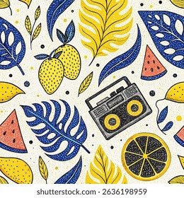 Embrace the summer with this vibrant, seamless, hand-drawn tropical pattern. Featuring fresh lemons, watermelon slices, and lush leaves alongside a retro boombox.
