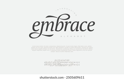 Embrace swash luxury elegant alphabet letters and numbers. Vintage wedding typography classic serif font decorative vintage retro. creative vector illustration