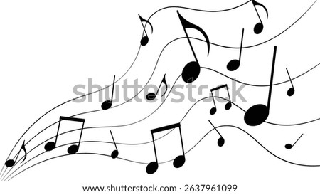Embrace the timeless beauty of music with this elegant vector graphic. Featuring classic black music notes (including eighth, quarter, and beamed notes) artfully arranged on flowing, wavy staff lines