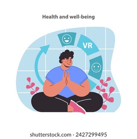 Abraza la tranquilidad y el bienestar con nuestra ilustración de meditación de realidad virtual, mostrando un momento sereno de atención plena en la era digital, promoviendo la salud y el bienestar a través de la realidad virtual.