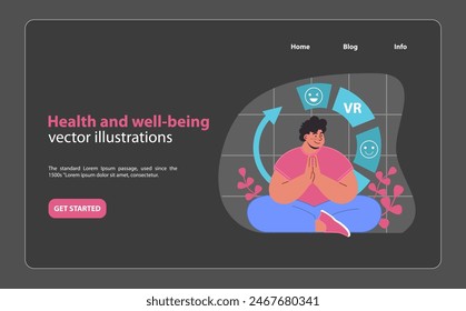 Abraza la tranquilidad y el bienestar con nuestra ilustración de meditación de realidad virtual, mostrando un momento sereno de atención plena en la era digital, promoviendo la salud y el bienestar a través de la realidad virtual.