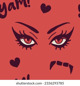 Abran el encanto vamírico con este cautivador patrón sin fisuras con ojos rojos, colmillos de vampiros, corazones y la divertida palabra "¡Yam!"