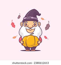 Embrace the warmth of autumn with this adorable vector illustration featuring a kawaii gnome, his little character radiating happiness as he cradles a plump pumpkin. Surrounded by the vibrant colors o