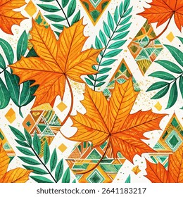 Embrace the warmth of autumn with this seamless pattern. Featuring vibrant maple leaves and geometric shapes in orange, yellow, green, and teal hues, this design offers a modern take on seasonal decor