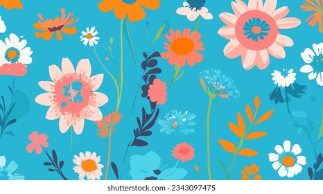 Embrace whimsy with Whimsical Wildflowers playful cartoon-like blooms on sky blue. Ideal for cheerful designs, prints, decor. Editable, Customizable.