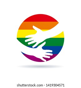 Embrace the world. Vector sign hands with rainbow. Gay pride parade concept