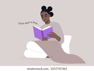 Embraced by warmth and comfort, a young African girl sits covered with a blanket deeply immersed in a purple book, Her serene expression reflects the magic of storytelling