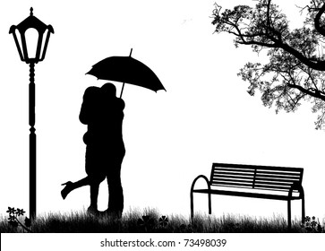 Embraced lovers in a park, on black and white, vector illustration