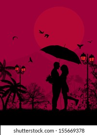 Embraced lovers in a park on red sunset, vector illustration