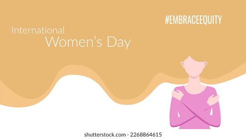 EmbraceEquity movement banner, greeting with International Women's Day with blond woman hugging herself, vector template.