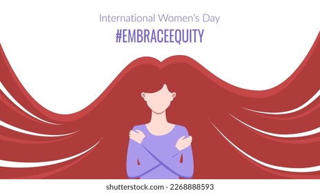 EmbraceEquity movement banner, greeting with International Women's Day with blond woman hugging herself, vector template.