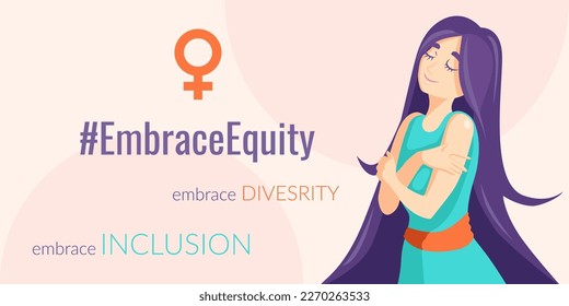 EmbraceEquity movement banner, greeting with International Women's Day with a woman hugging herself, vector template, banner of social movement.