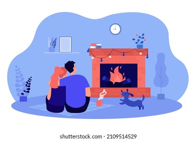 Embraces of couple sitting on floor near fireplace at home. Cozy evening time by fireside of people and dog flat vector illustration. Love concept for banner, website design or landing web page