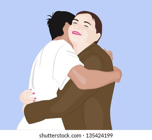 Embraces happy couple, vector illustration on a blue background