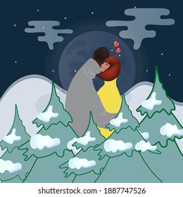 Embraces of a loving couple against the background of winter nature. Stylish vector illustration with african american man and woman.