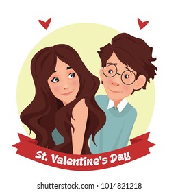 Embraces of a loving couple. Beauty and geek. Happy Valentines card.  Vector illustration