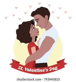 Embraces of a loving couple. Couple in love hugs against city background. Black couple.  Happy Valentines card.  Vector illustration