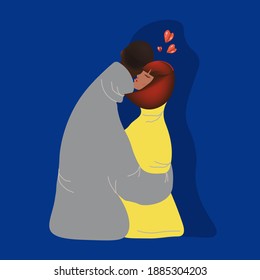 Embraces of a loving couple. Stylish vector illustration with african american man and woman. 