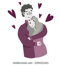 Embraces of a loving couple. Valentine's day card with happy couple. Couple in love embracing together and smile. Vector illustration. Romantic concept.
