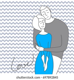 Embraces of a loving couple. Vector illustration. Two people hugging. Cartoon character romantic couple. Girl, boy icon. Honeymoon married people. Flat isolated sticker