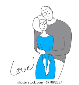 Embraces of a loving couple. Vector illustration. Two people hugging. Cartoon character romantic couple. Girl, boy icon. Honeymoon married people. Flat isolated sticker