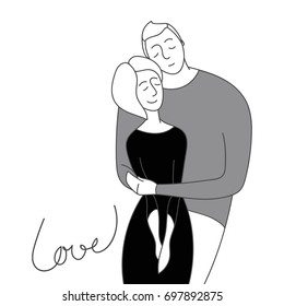 Embraces of a loving couple. Vector illustration. Two people hugging. Cartoon character romantic couple. Girl, boy icon. Honeymoon married people. Flat isolated sticker