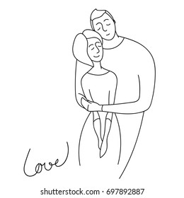 Embraces of a loving couple. Vector illustration. Two people hugging. Cartoon character romantic couple. Girl, boy icon. Honeymoon married people. Flat isolated sticker