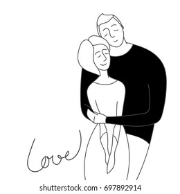 Embraces of a loving couple. Vector illustration. Two people hugging. Cartoon character romantic couple. Girl, boy icon. Honeymoon married people. Flat isolated sticker