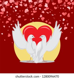 Embracing birds with raised wings look at each others. Doves symbol of love, Valentine postcard with animals decorated by hearts and circle on red vector