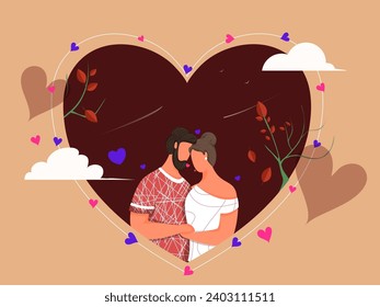 Embracing Cartoon Young Couple Character on Dark Red and Pastel Brown Background. Happy Valentine's Day Greeting Card.