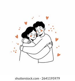 An embracing couple with closed eyes, surrounded by floating hearts and dots, drawn in a minimalist, cartoon style with black outlines and tan accents.
