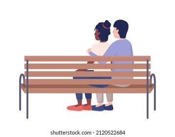 Embracing couple on bench semi flat color vector characters. Sitting figures. Full body people on white. Hugging with beloved simple cartoon style illustration for web graphic design and animation