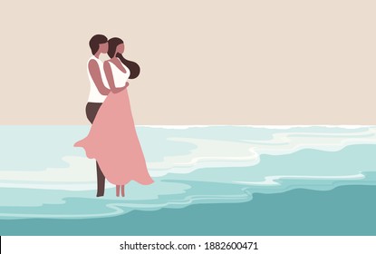 Embracing couple standing on the beach vector illustration. Love, romance, valentine, honeymoon and wedding concept
