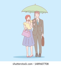 embracing couple under umbrella happy.Cute couples business official with umbrella hand drawn style vector doodle design illustrations.