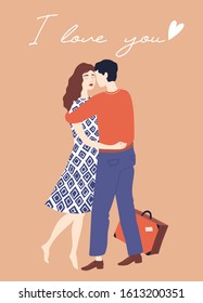 Embracing couple. Valentine's Day card. Cute couple in love. Vector illustration in hand drawn style. Lovely girl and boy embrace in scandinavian style with lettering - 'I love you'