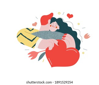 Embracing couple - Valentines day graphics. Modern flat vector concept illustration - a young hetoresexual couple hugging. Woman holds a big heart and flower. Cute characters in love concept