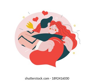 Embracing couple - Valentines day graphics. Modern flat vector concept illustration - a young hetoresexual couple hugging. Woman holds a big heart and flower. Cute characters in love concept