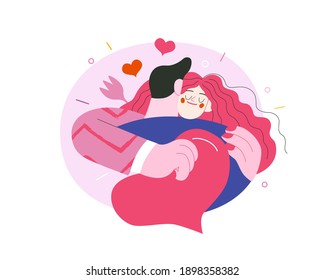 Embracing couple - Valentines day graphics. Modern flat vector concept illustration - a young hetoresexual couple hugging. Woman holds a big heart and flower. Cute characters in love concept