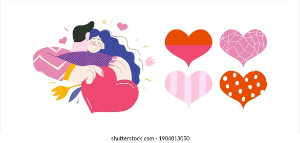 Embracing couple - Valentines day graphics. Modern flat vector concept illustration - a young hetoresexual couple hugging. Woman holds a big heart and soft. Cute characters in love concept