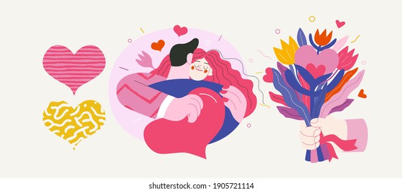 Embracing couple - Valentines day graphics. Modern flat vector concept illustration - a young hetoresexual couple hugging. Woman holds a big heart and soft. Cute characters in love concept